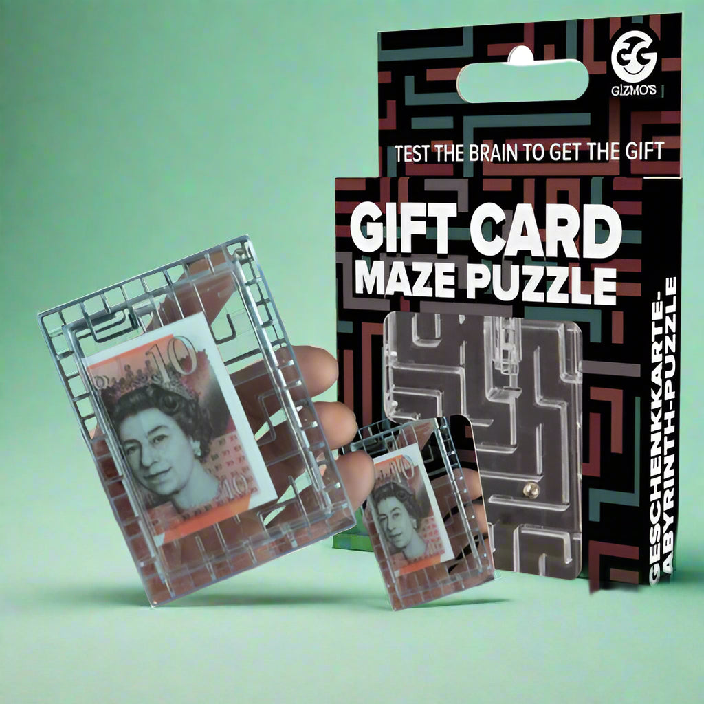 Gift card maze puzzle with packaging showing 'Gizmos' brand