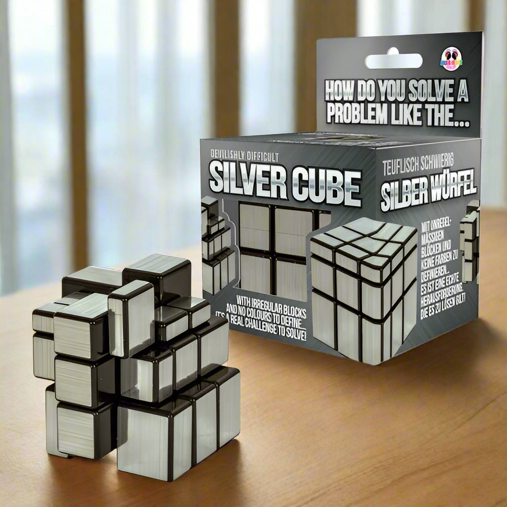 Silver Cube puzzle with packaging on a white background