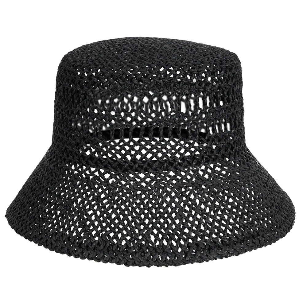 Black woven bucket hat on a white background