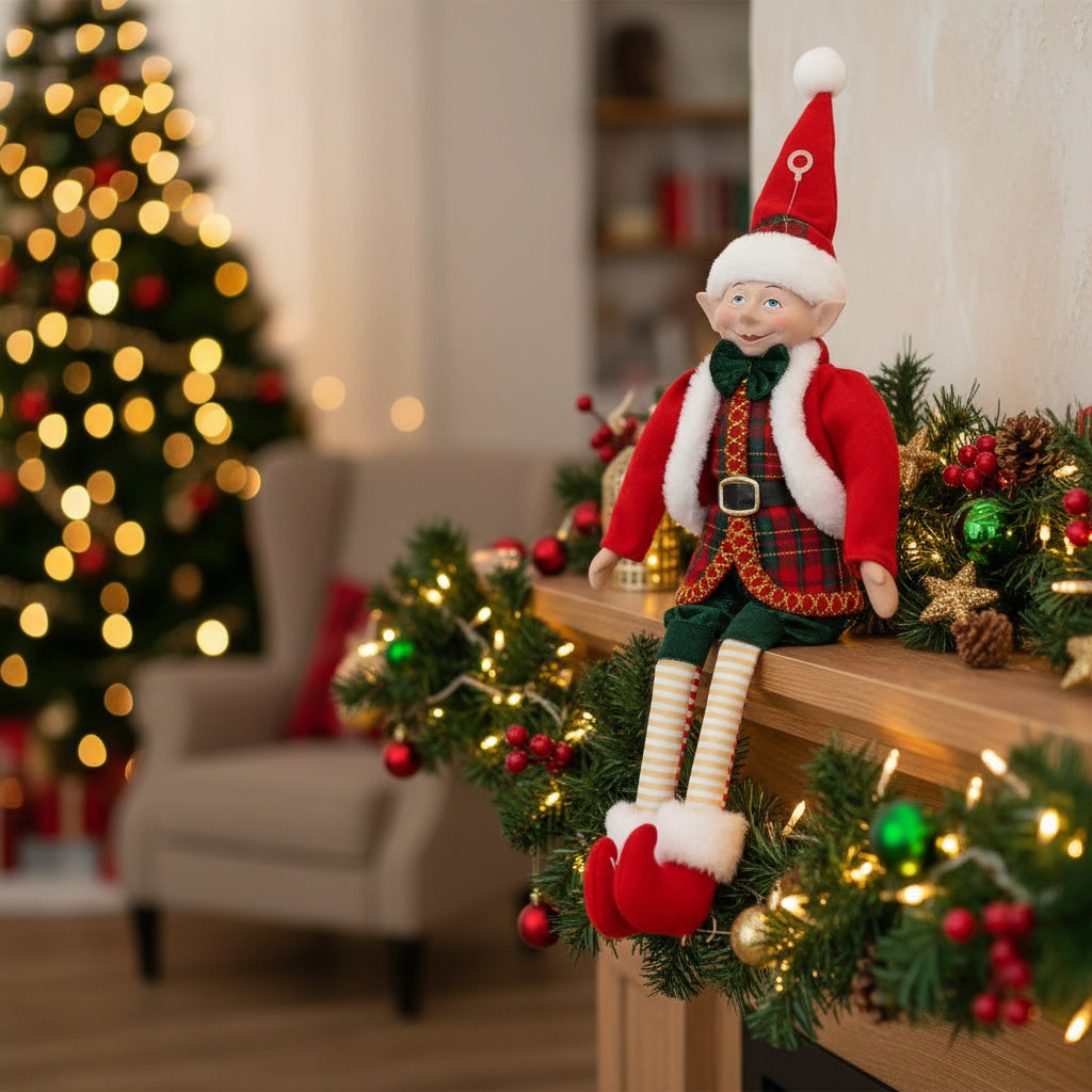Christmas elf doll in red and green outfit with Santa hat on a white background