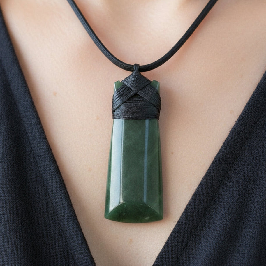 A greenstone pendant with a traditional Māori design, featuring a cylindrical green stone attached to a waxed cord with a black decorative element on top.