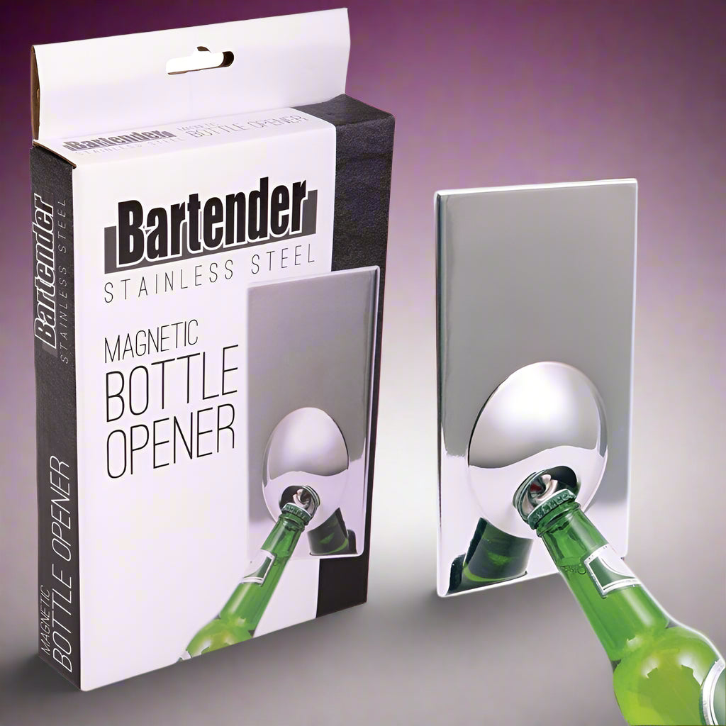Bartender magnetic bottle opener with packaging on a white background