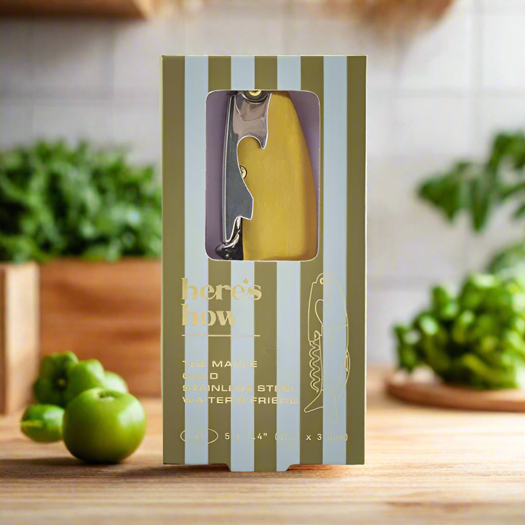 Packaged product with striped box and clear window showing a yellow item on a white background