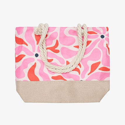 Tote bag with pink and orange abstract pattern on a white background