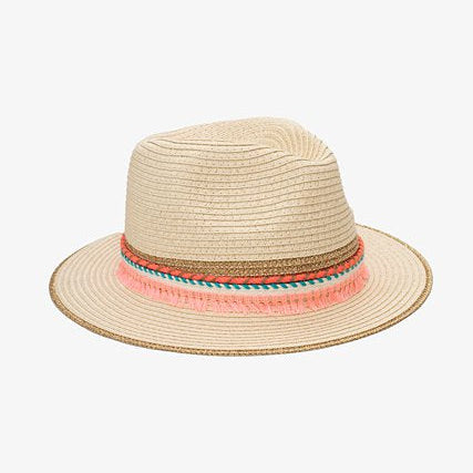 Beige straw hat with a colorful band on a white background