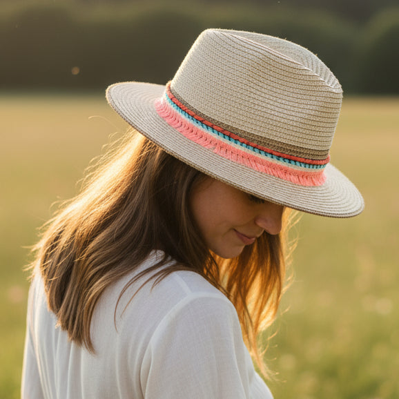 Beige straw hat with a colorful band on a white background