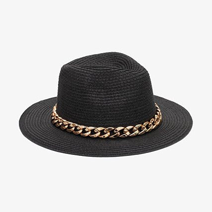 Black straw hat with a gold chain band on a white background