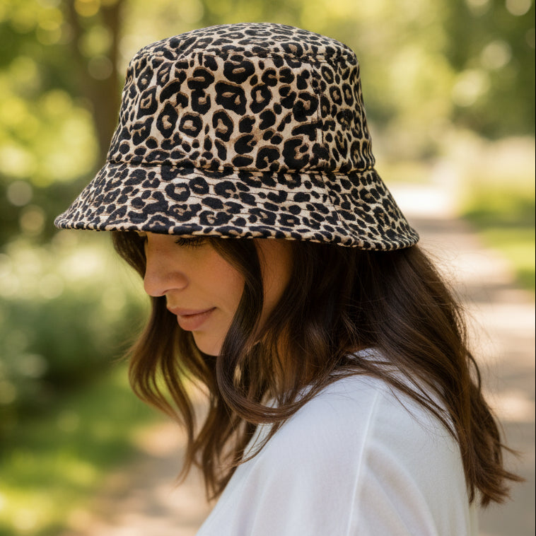 Leopard print bucket hat on a white background