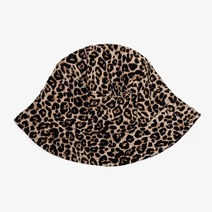 Leopard print bucket hat on a white background