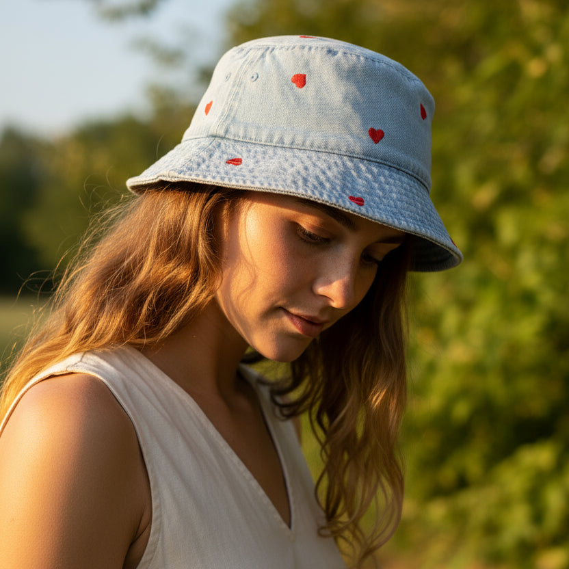 Light blue denim bucket hat with red heart patterns on a white background
