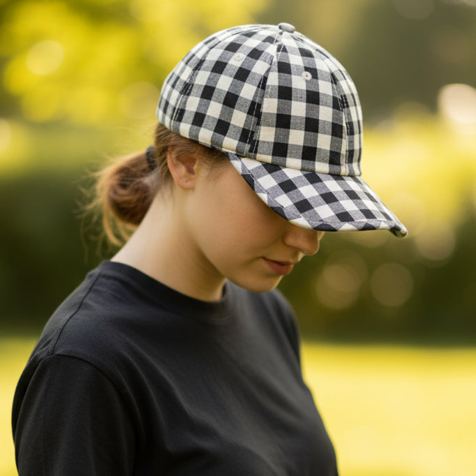 Black and white checkered baseball cap on a white background