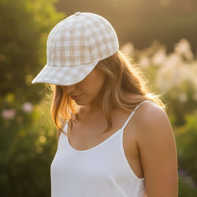 Plaid patterned cap on a white background