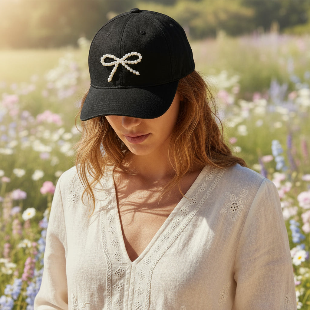 Black cap with a white bow design on a light gray background
