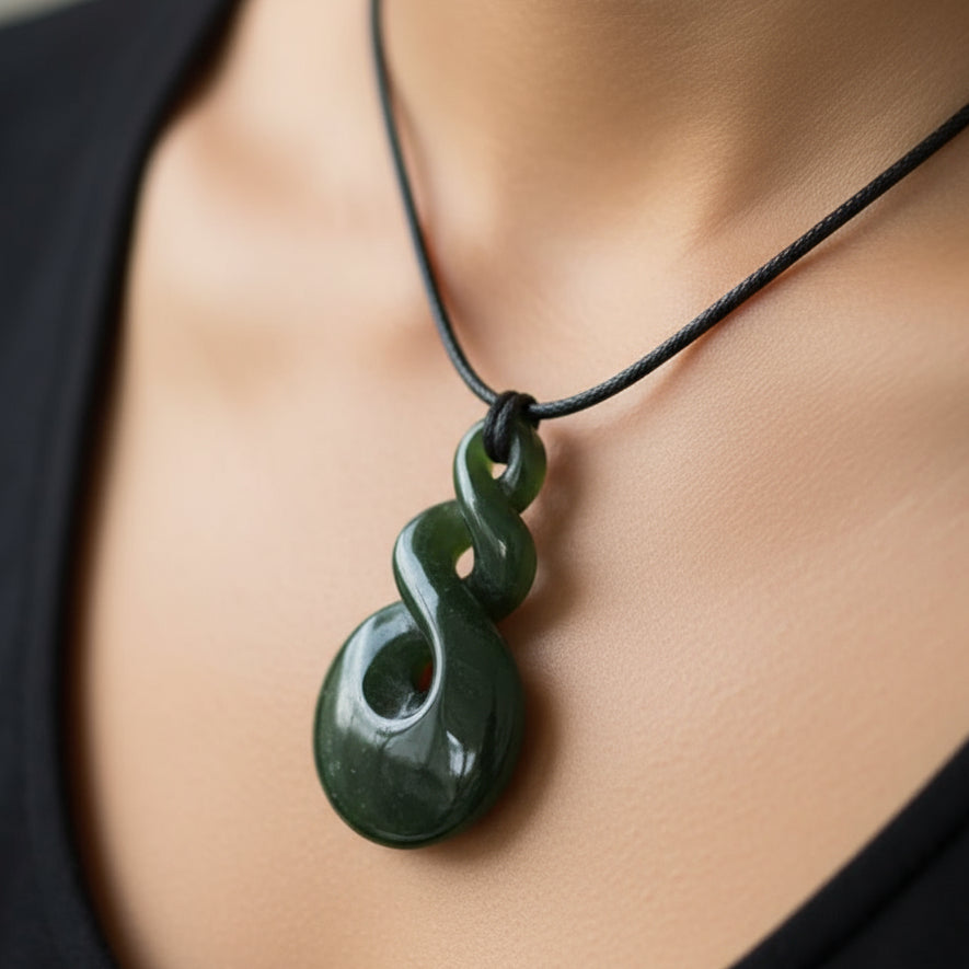 A greenstone pendant in the shape of a double twist design, carved from Pounamu stone and suspended by a cord.