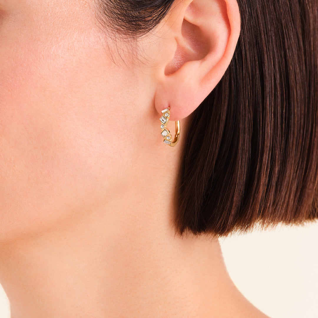Playful Crystal Baguette Hoops Gold