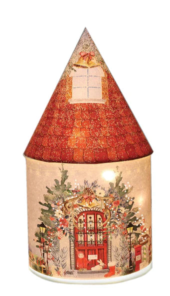 Decorative cone-shaped lantern with a festive design on a white background