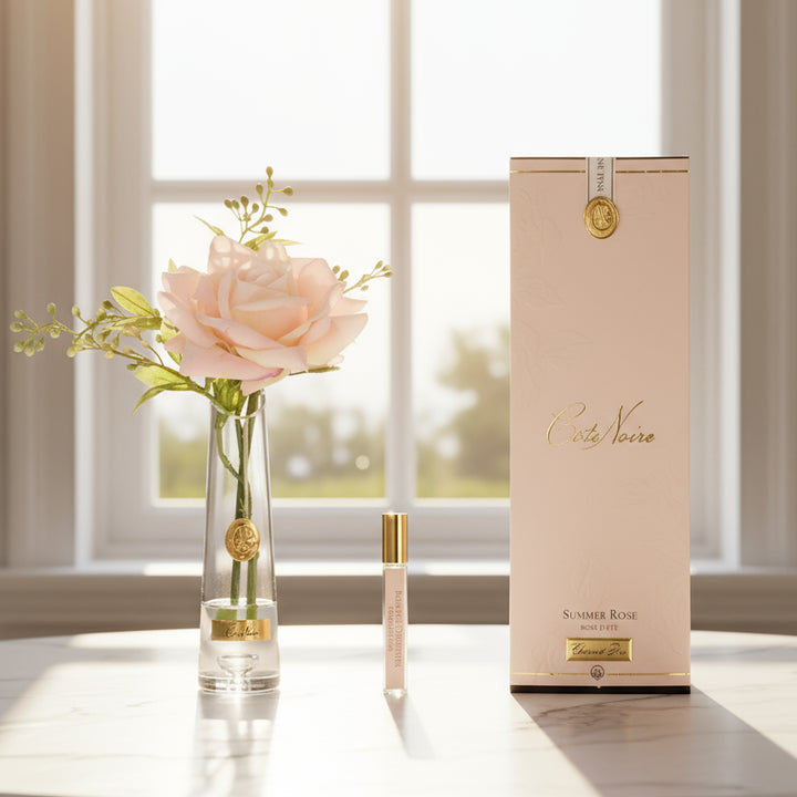 Set with a rose in a vase and a small bottle labeled 'Credo Nove' on a white background