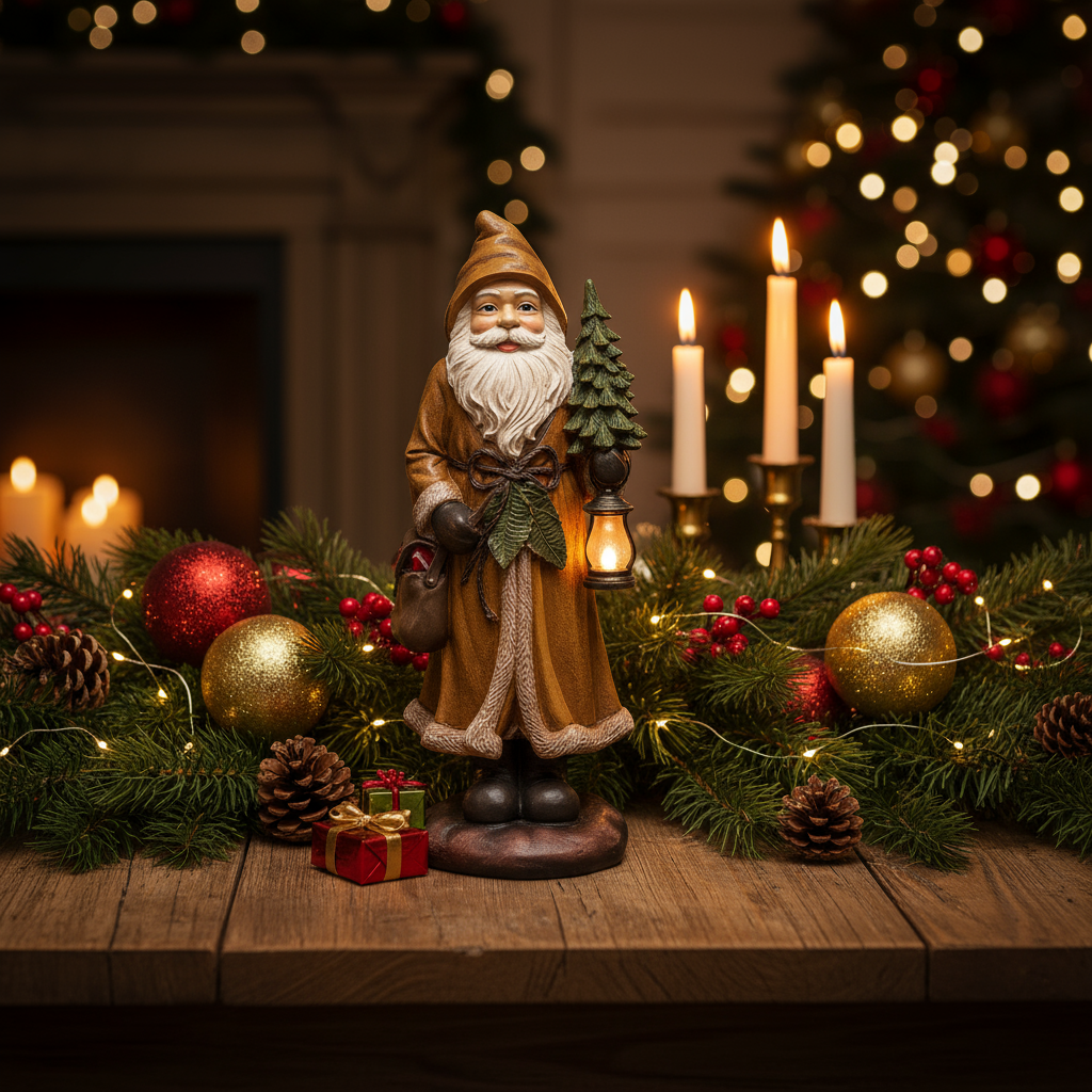 Statue of a traditional santa in a brown coat holding a tree on a white background