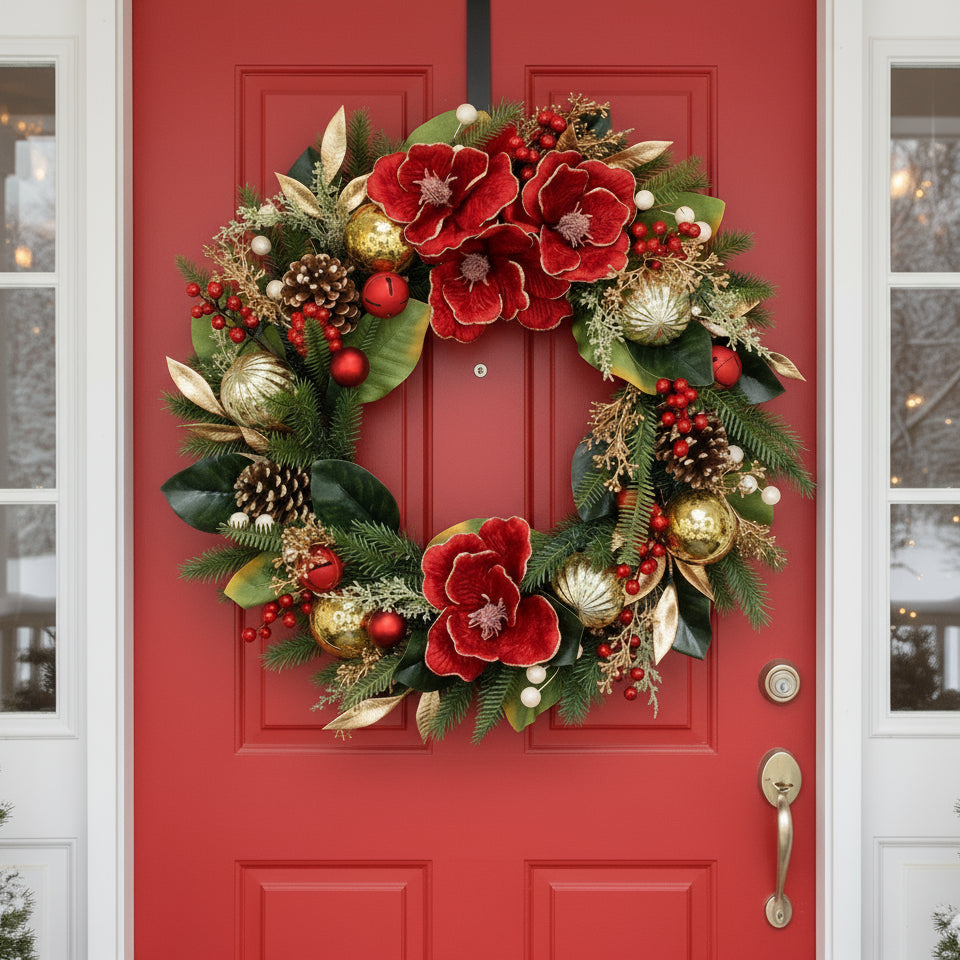 Decorative Christmas wreath with red flowers, gold balls, and greenery ona red door