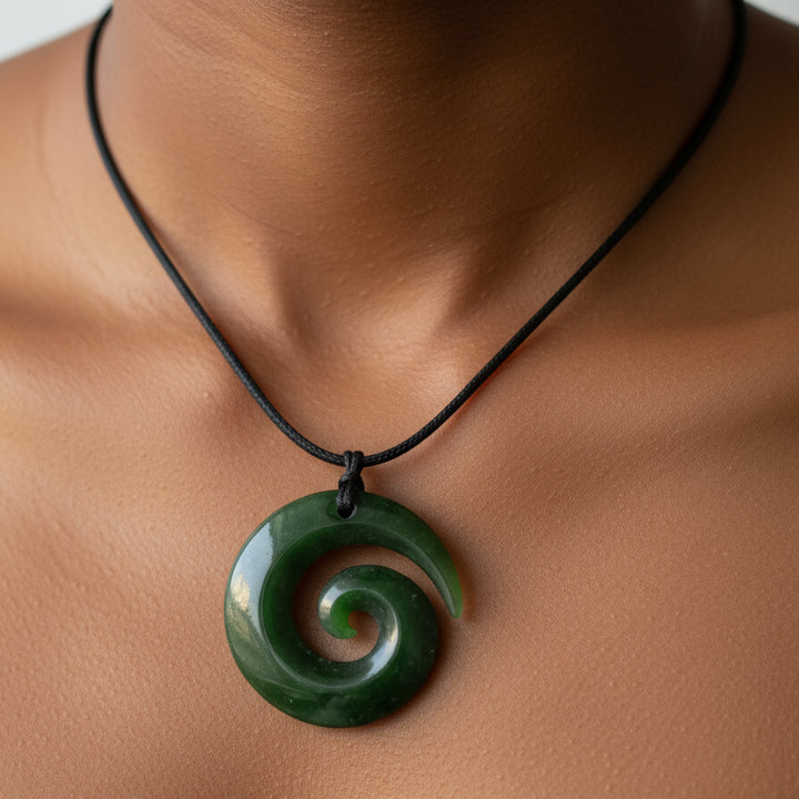 A greenstone pendant with a traditional Māori symbol shape, known as a Koru, carved from Pounamu stone.