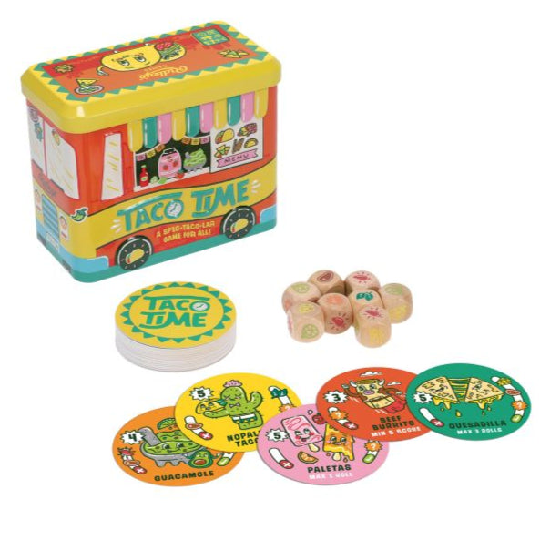 Colorful 'Taco Time' game set with toy truck packaging on a white background