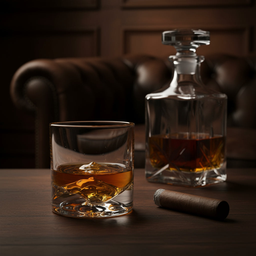 Clear glass tumbler with wavy design on a white background