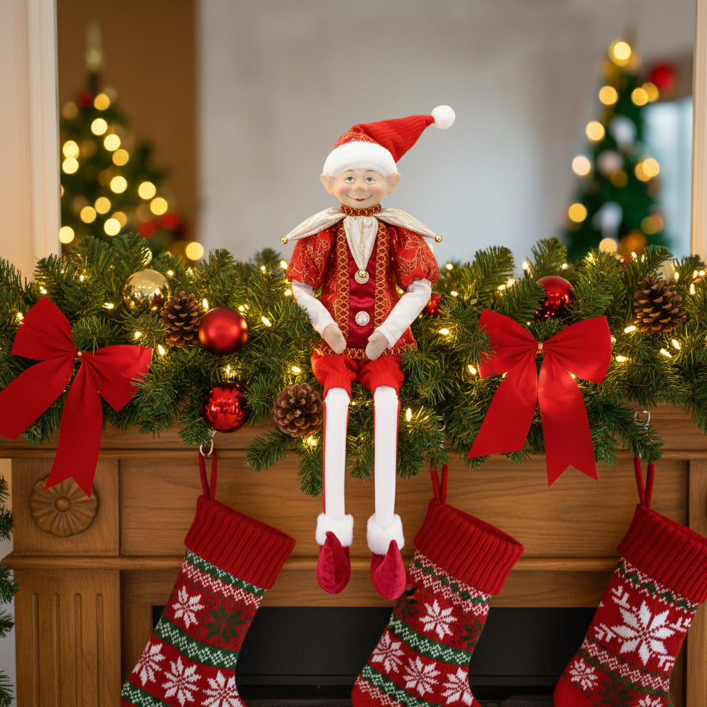 Elf doll in red and white outfit on a white background