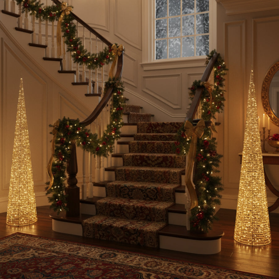 Decorative cone-shaped christmas tree with a pointed top on a white background