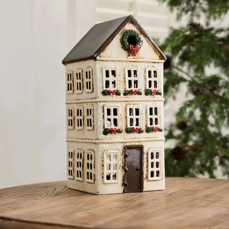 Christmas village houses NZ – French Country Nordgard Grand Chalet tealight house with wreaths