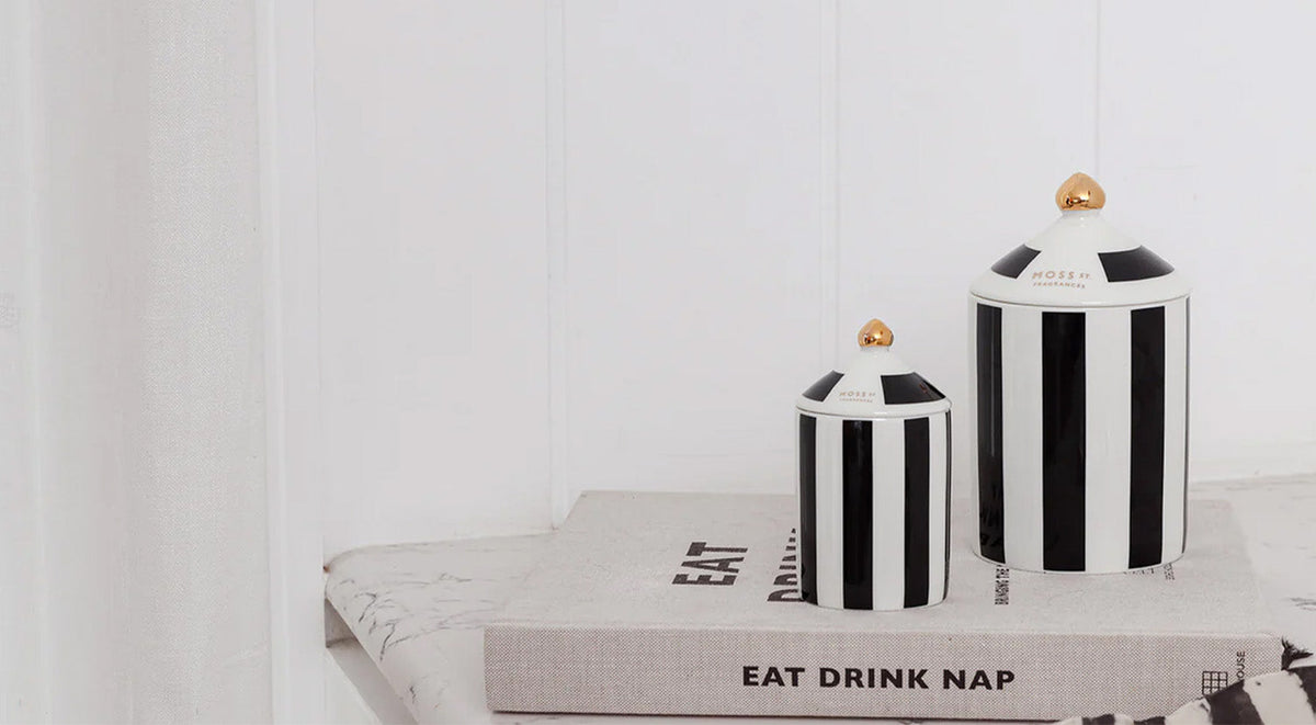 Moss St Fragrances black and white striped ceramic candles – new arrivals at RAPT ONLINE