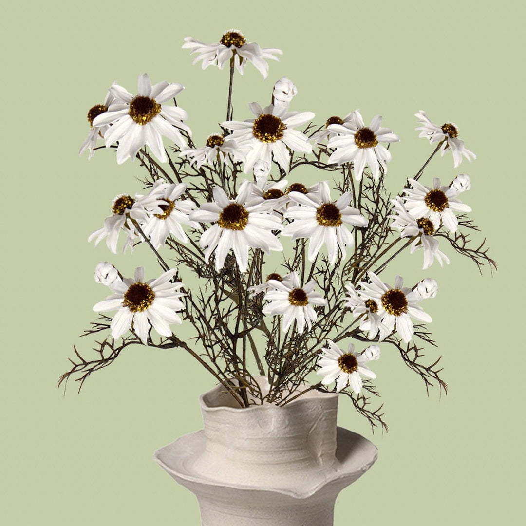 Ceramic vase with white flowers on a light green background