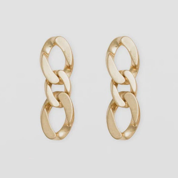 Gold chain link earrings on a light gray background