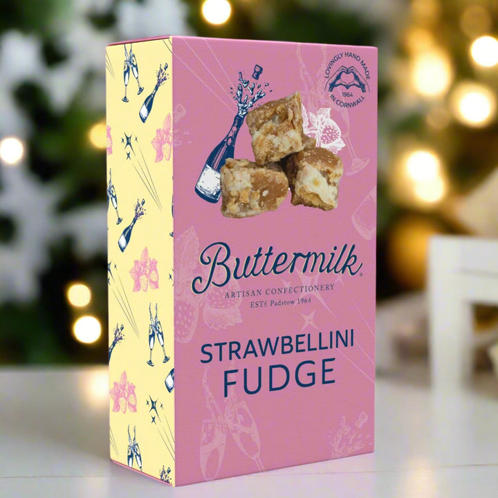 Box of Buttermilk Strawbellini Fudge with pink and yellow design