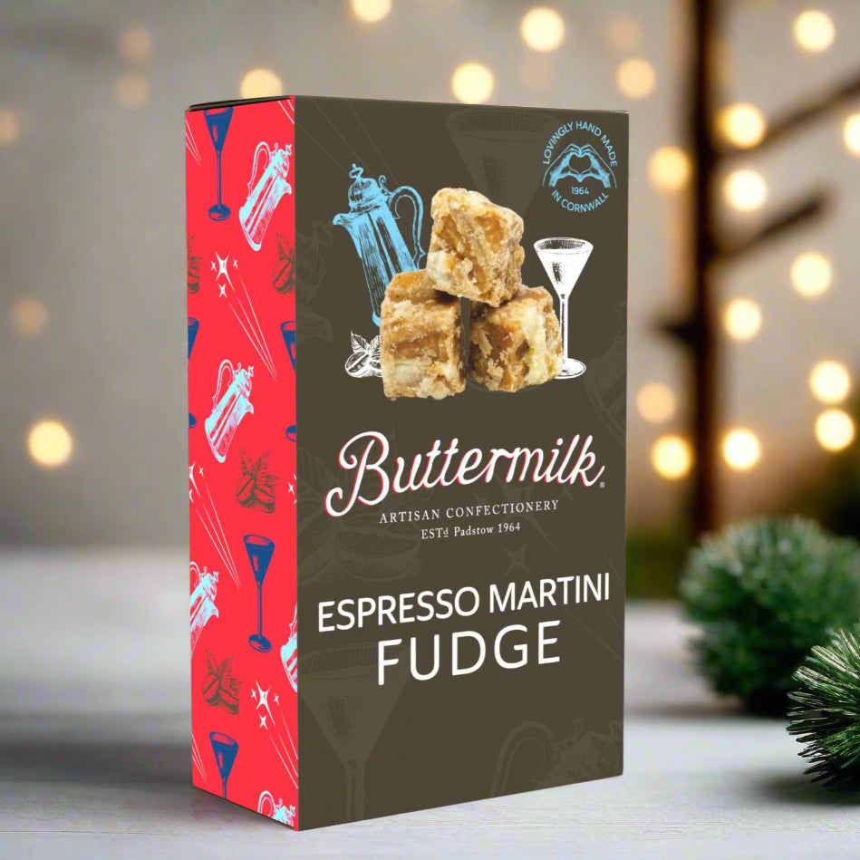 Box of Buttermilk Espresso Martini Fudge with red and black design