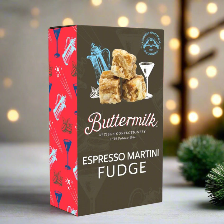 Box of Buttermilk Espresso Martini Fudge with red and black design