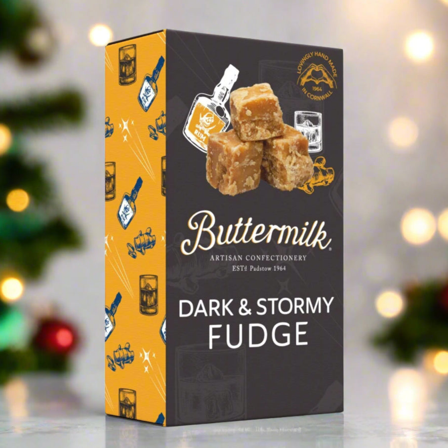 Box of Buttermilk Dark & Stormy Fudge with a black and yellow design.