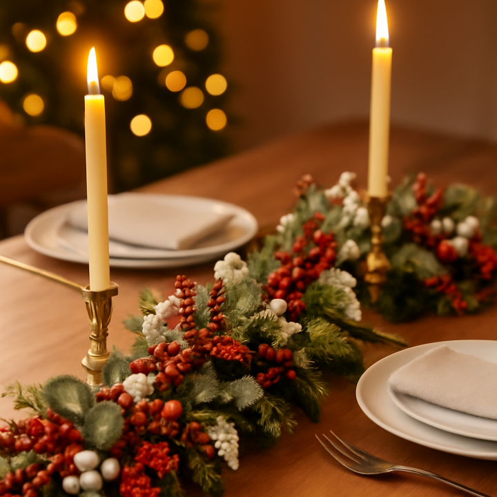 Decorative table setting with candles, plates, and Christmas-themed centerpieces.
