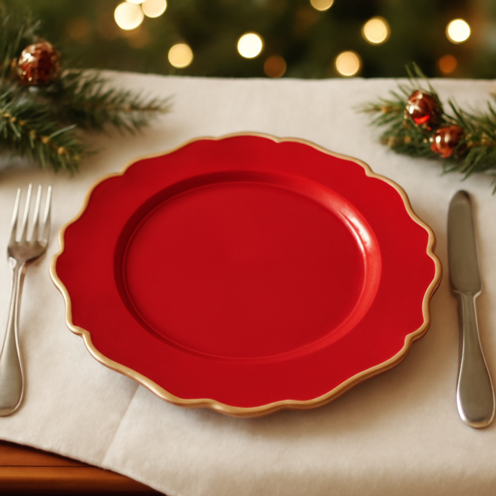Red plate with gold rim on a Christmas-themed table setting with decorations.