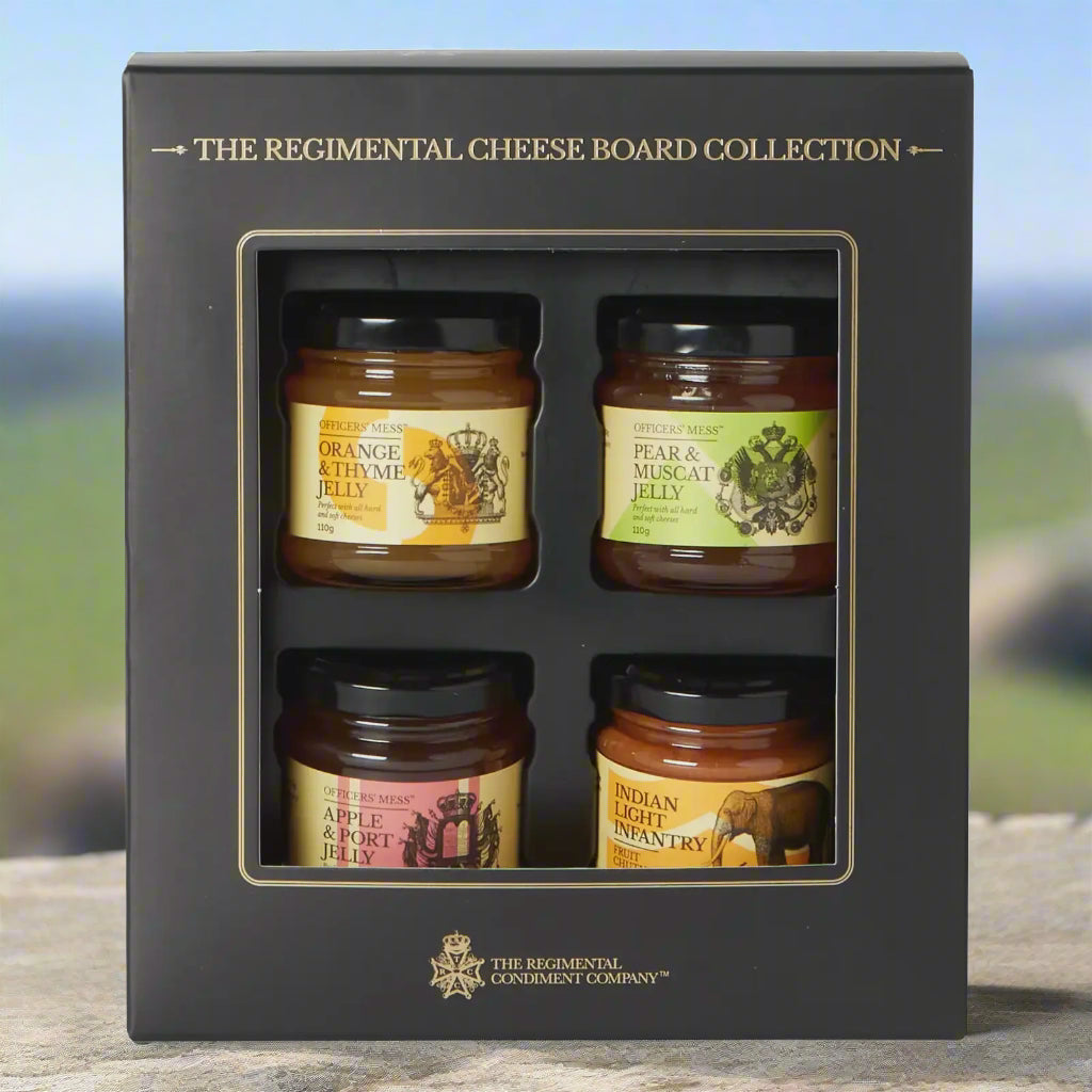Regimental Cheese Board Collection with four jars of jelly in a black box.