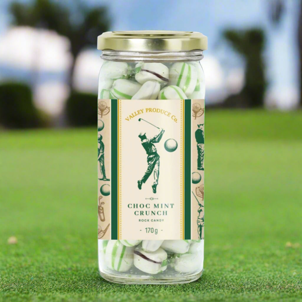 Jar of Choc Mint Crunch candy with a golf-themed label on a white background