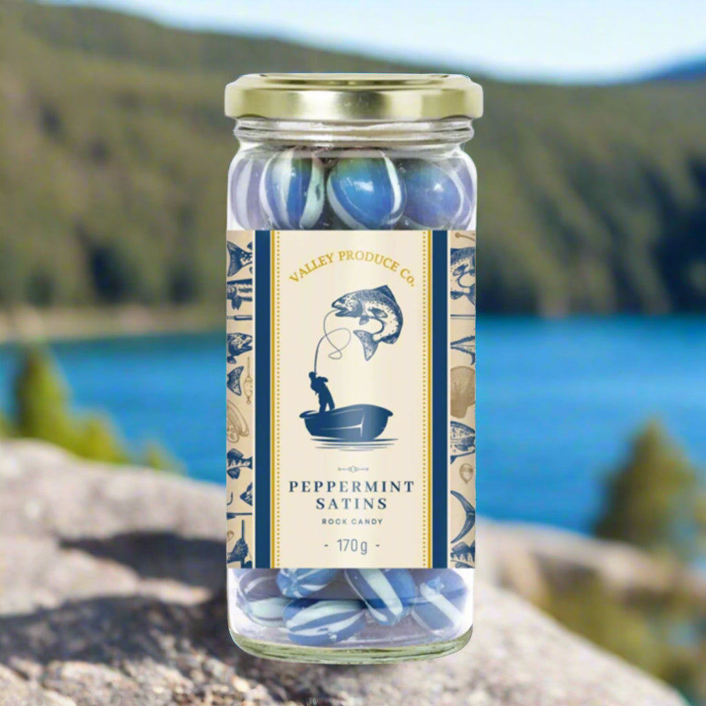 Jar of peppermint satins candy with a decorative label on a white background