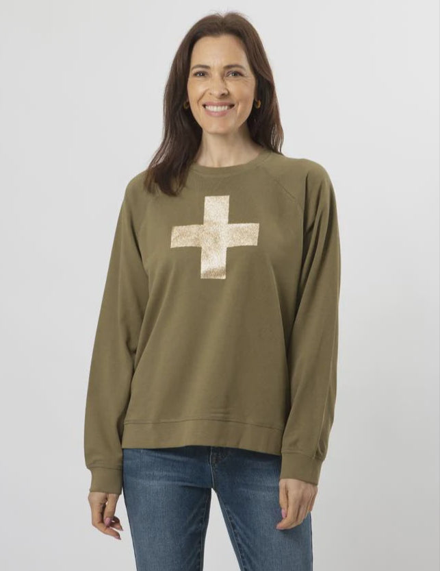 OLIVE GOLD GLITTER CROSS SWEATER