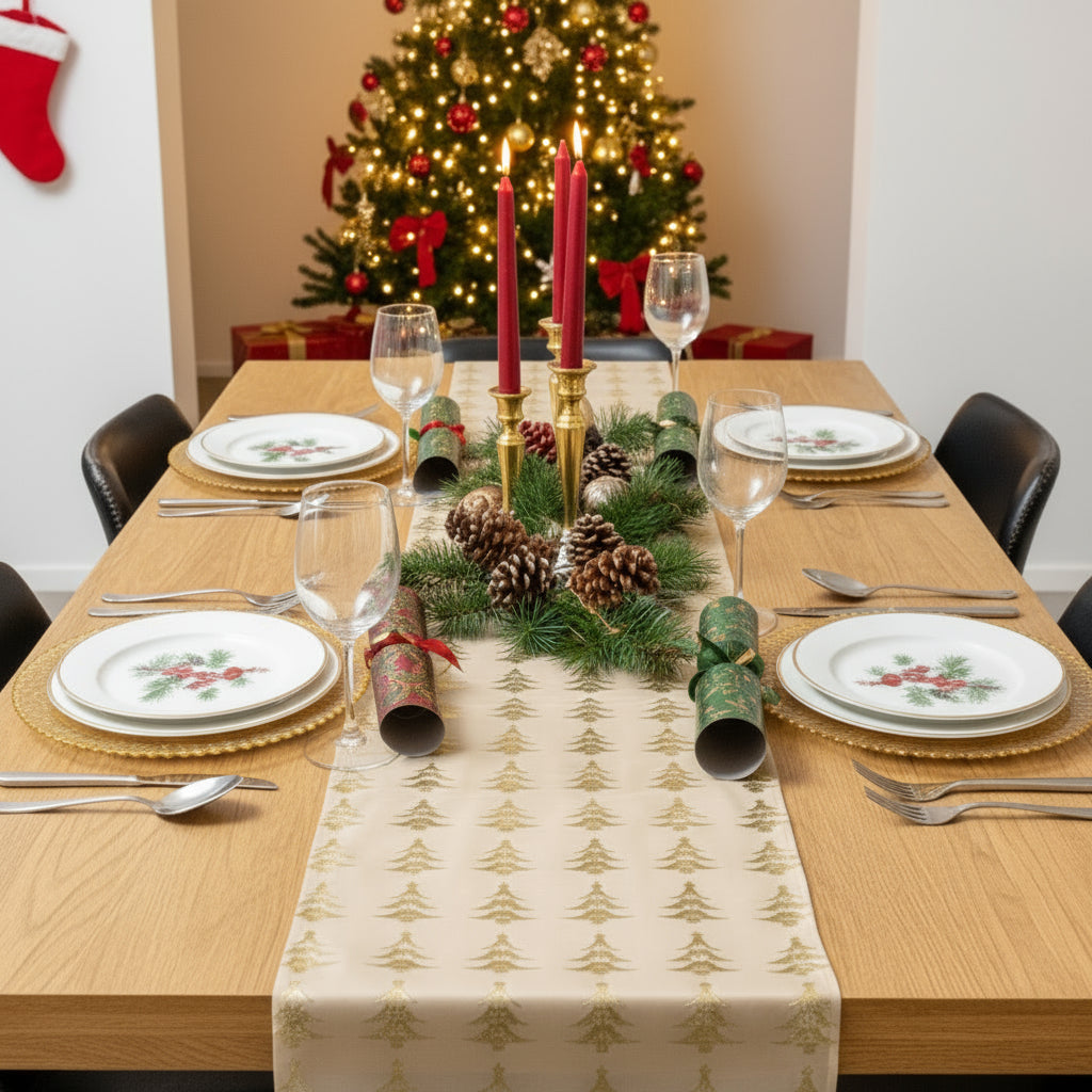 Wooden table with a decorative table runner in a room setting