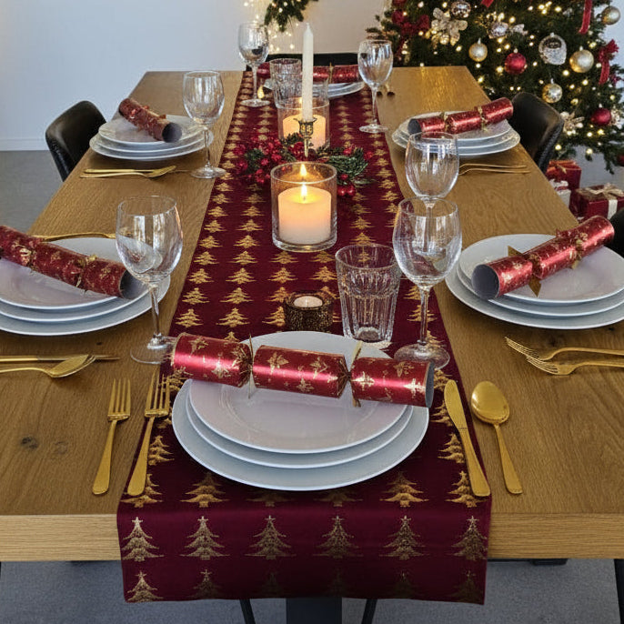 Wooden table with a red and gold patterned table runner in a room setting.