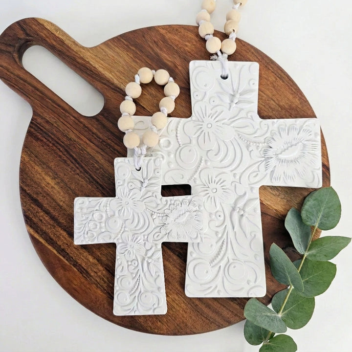 White Embossed Cross with Beaded Handle