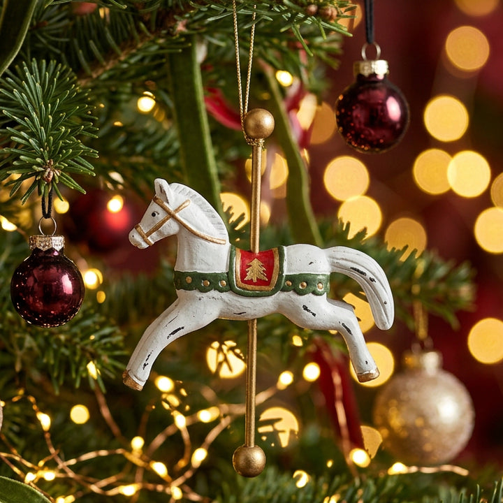 French Country White Carousel Horse Christmas Ornament