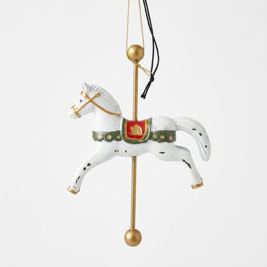 French Country White Carousel Horse Christmas Ornament