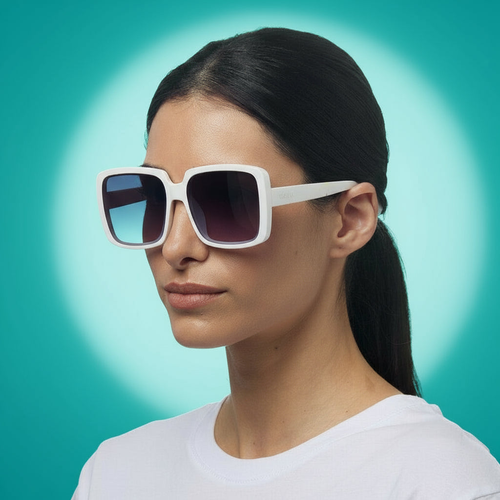 Woman wearing large white okkia sunglasses with a plain background