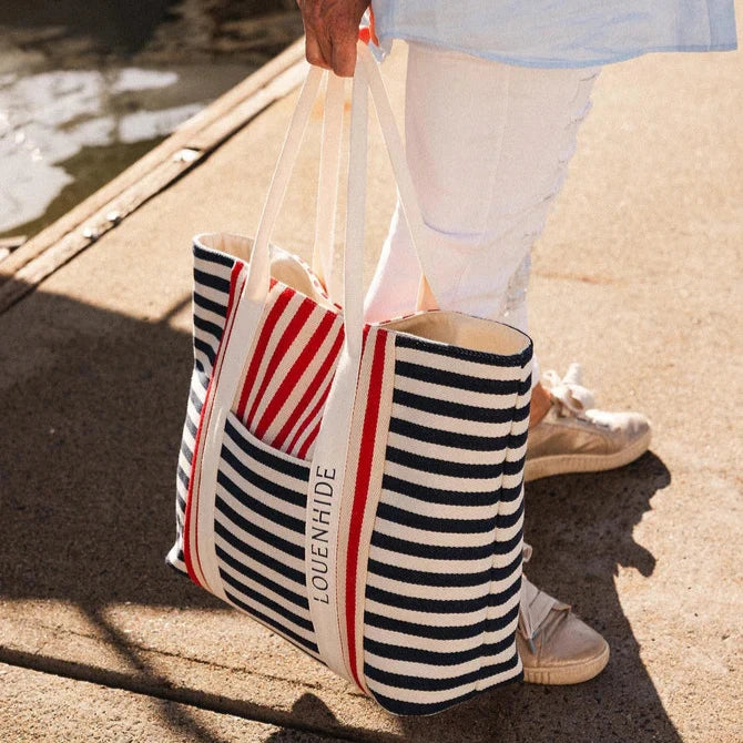 NAVY RED STRIPE BEACH BAG