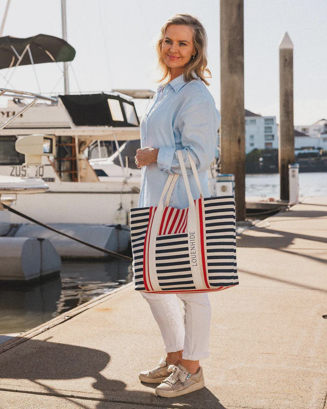 NAVY RED STRIPE BEACH BAG